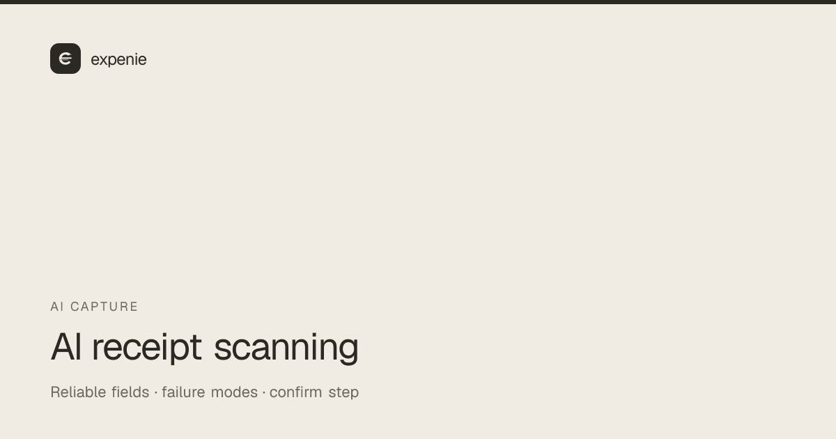 expenie guide cover: AI receipt scanning — reliable fields, failure modes, confirm step