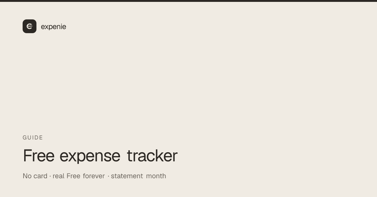 expenie guide cover: free expense tracker — no card, 14-day trial, statement month